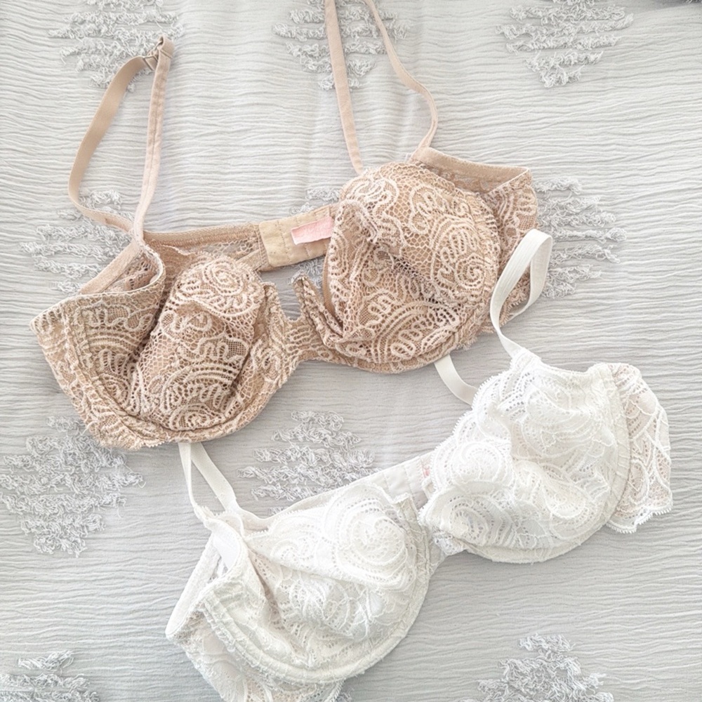 Victoria's Secret lightly lined push up Lace Balconette Bras- tan & white 38C